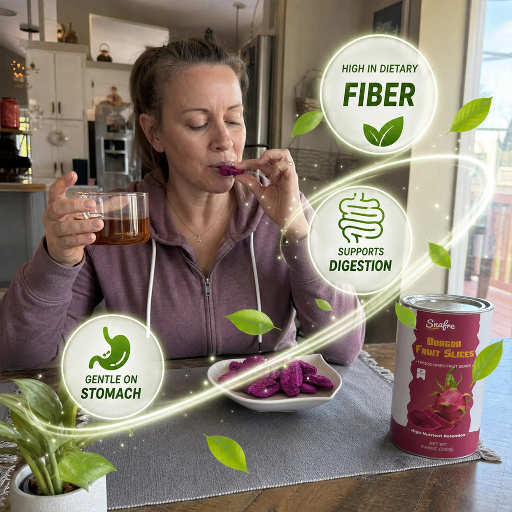 Woman eating crispy red dragon fruit slice supporting gentle digestion and gut health