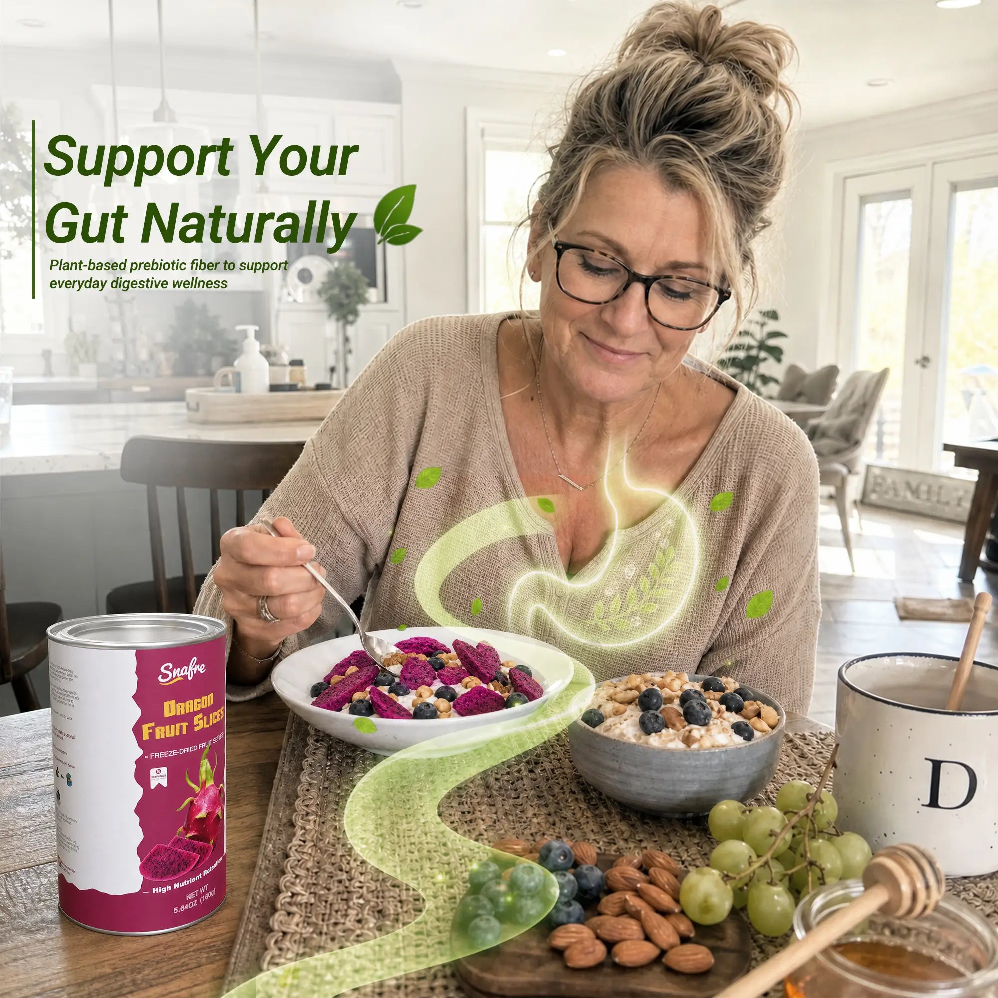 Woman enjoying healthy breakfast bowl with natural gut health support from dragon fruit